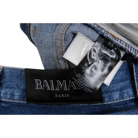 Balmain Men Slim Jeans Size 33x34 Blue Indigo Knee Slashed Distressed Logo Denim - Picture 6 of 8